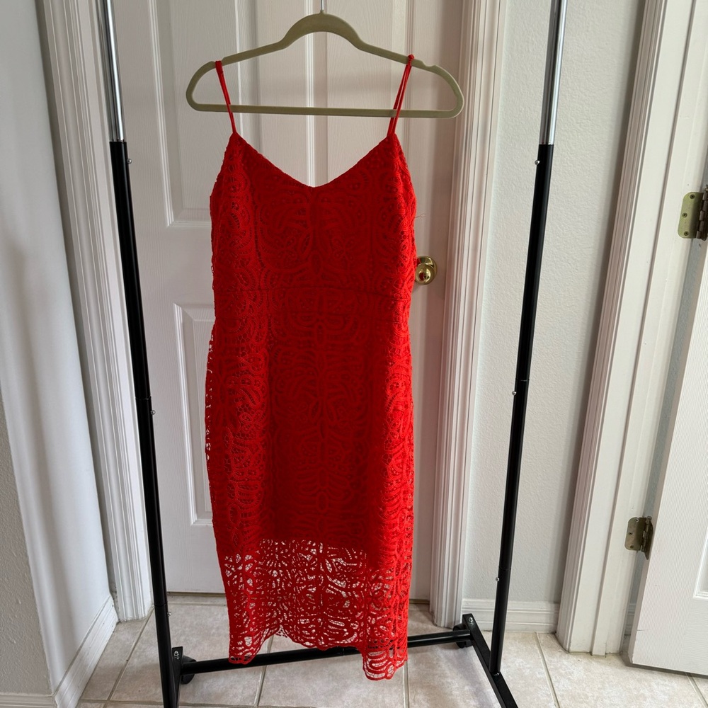 Bisou Bisou Vibrant Red Lace Midi Dress